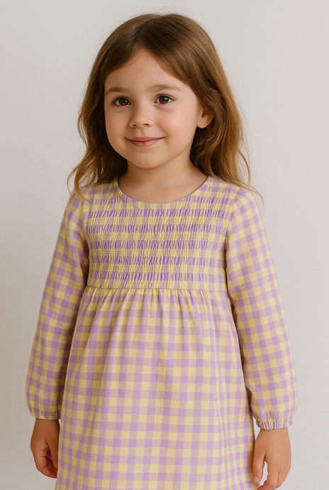 🌸 Robe à carreaux lavande pour fille – Kali - Boutique Kaki Lilas