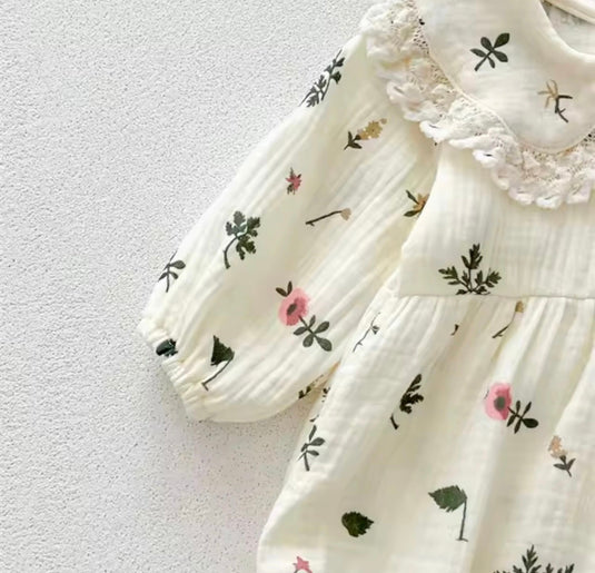 Barboteuse bébé fleurie en coton avec bandeau assorti