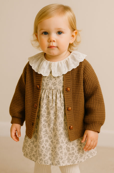 Robe bébé fille à fleurs beiges et bleues – Modèle Kali en coton doux - Boutique Kaki Lilas