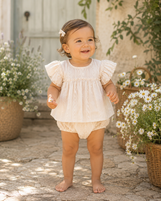 Ensemble bébé fille blouse brodée et bloomer en coton