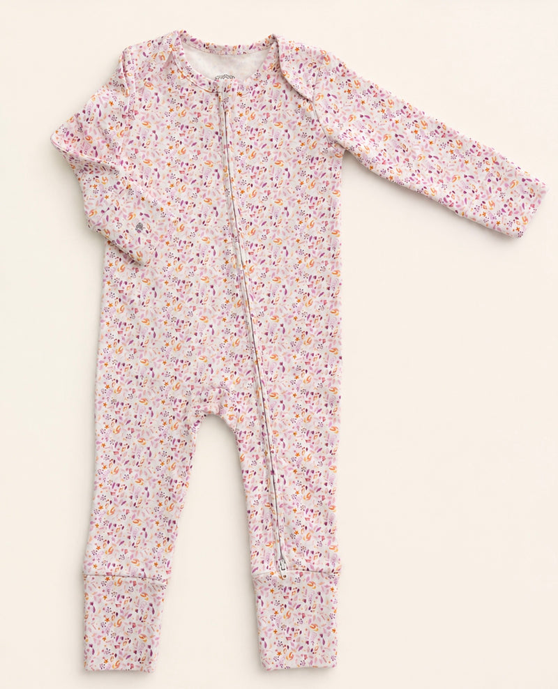 Chargez l'image dans la visionneuse de la galerie, Barboteuse bébé fille en coton bio motif feuilles lavande – Kaki Lilas
