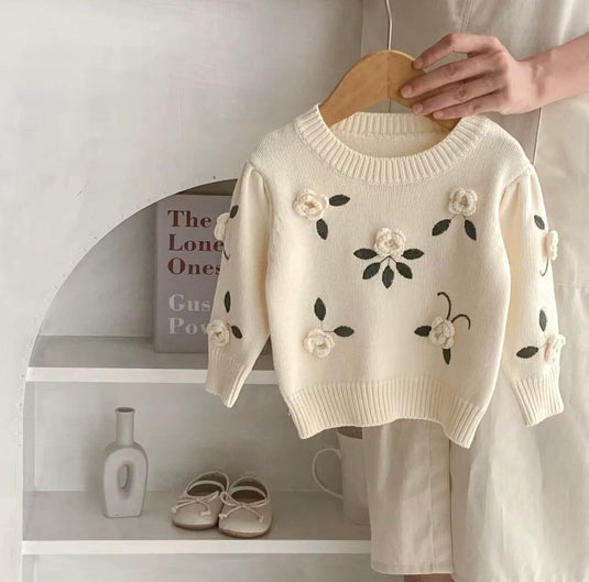 Pull bébé fille en coton avec fleurs brodées à la main – Modèle Kali - Boutique Kaki Lilas