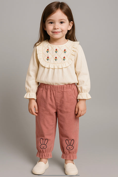 Pantalon pour filles en velours côtelé motif lapin – Kali - Boutique Kaki Lilas