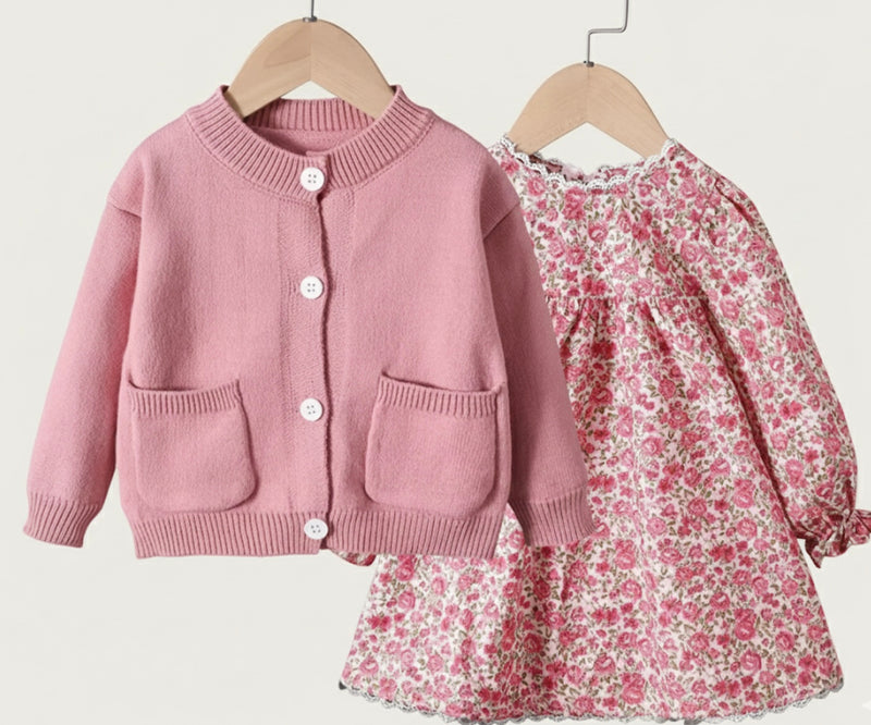 Chargez l'image dans la visionneuse de la galerie, Ensemble filles deux pièces robe florale avec cardigan doux– Kaki lilas
