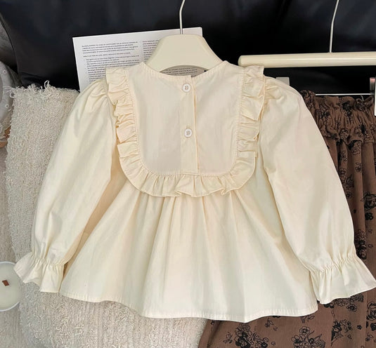 Chemise pour filles manches longues ivoire broderies – Kali - Boutique Kaki Lilas