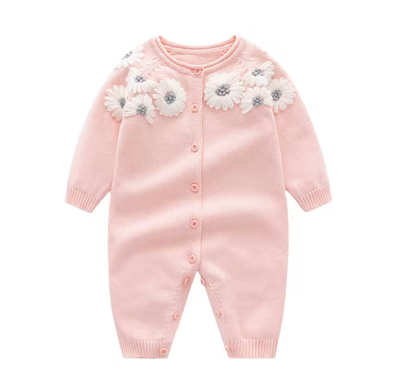 Chargez l'image dans la visionneuse de la galerie, Barboteuse bébé fille en tricot de coton rose brodé motif floral – Kali
