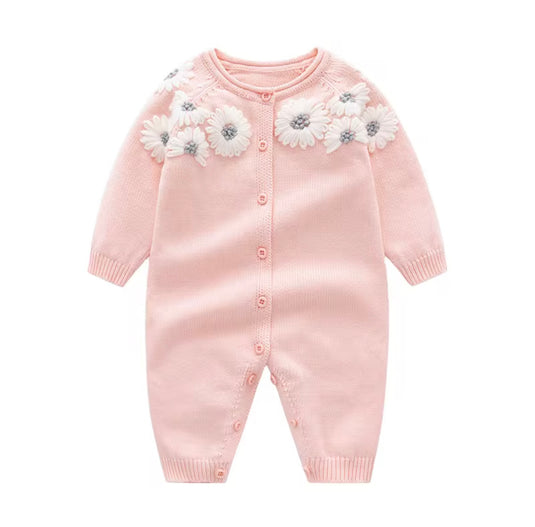 Barboteuse bébé fille en tricot de coton rose brodé motif floral – Kali