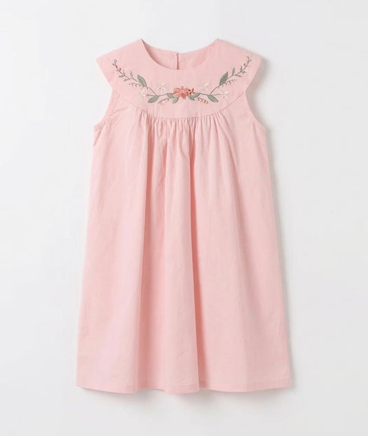 Embroidered pink round-neck gingham dress for girls