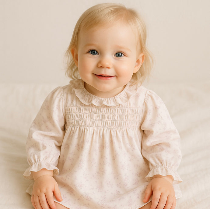 Robe bébé fille haut de gamme fleurie rose à manches longues – Modèle Kali en coton doux - Boutique Kaki Lilas