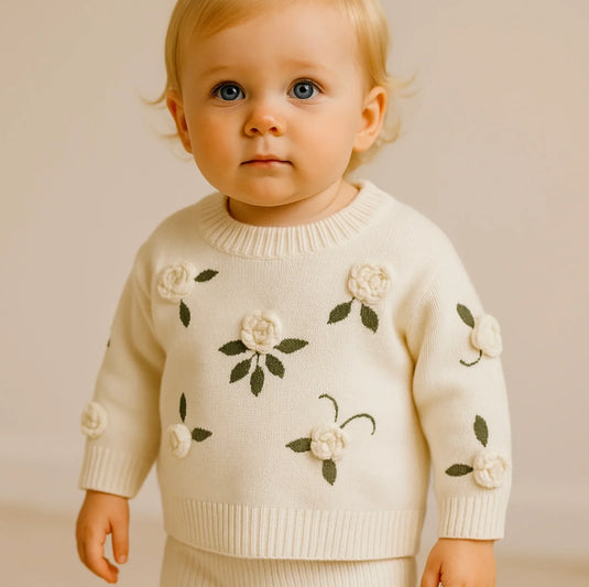 Pull bébé fille en coton avec fleurs brodées à la main – Modèle Kali - Boutique Kaki Lilas