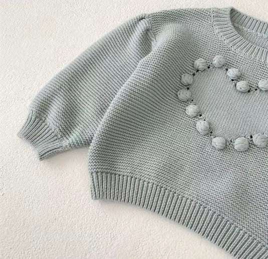 Pull bébé fille en coton doux avec cœur brodé – Kaki Lilas