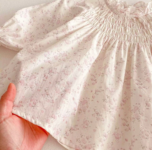 Robe bébé fille haut de gamme fleurie rose à manches longues – Modèle Kali en coton doux - Boutique Kaki Lilas