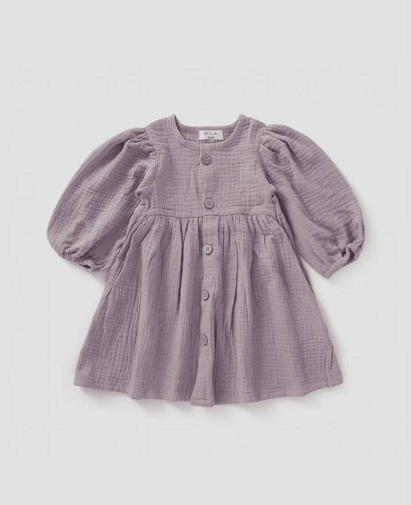 Chargez l'image dans la visionneuse de la galerie, Robe à manches bouffantes Lilas coton bio - Boutique Kaki Lilas
