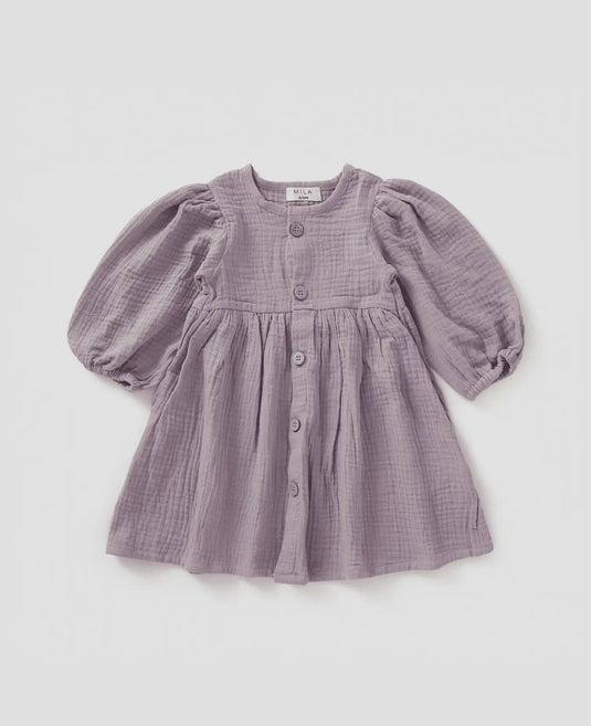 Robe à manches bouffantes Lilas coton bio - Boutique Kaki Lilas