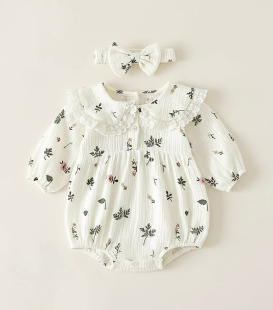 Barboteuse bébé fleurie en coton avec bandeau assorti