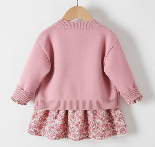Ensemble filles deux pièces robe florale avec cardigan doux– Kaki lilas