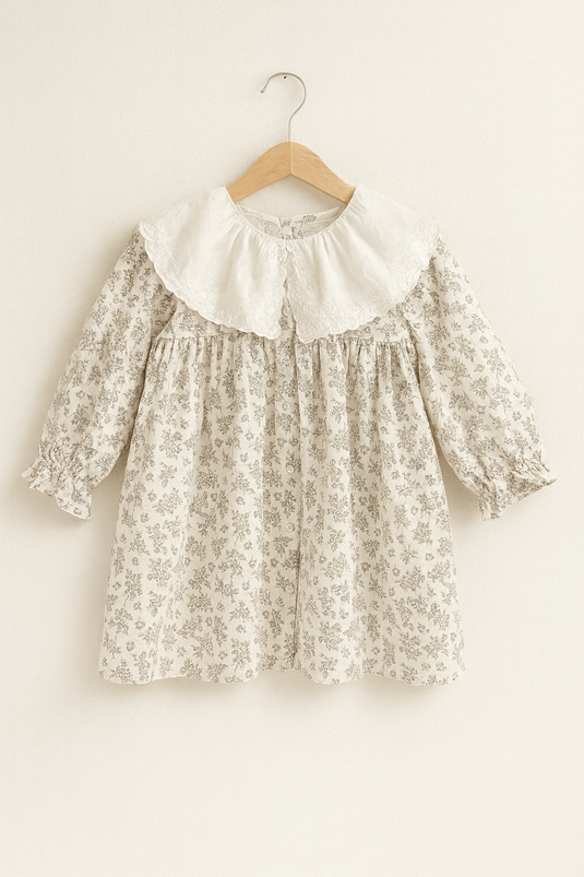 Robe bébé fille à fleurs beiges et bleues – Modèle Kali en coton doux - Boutique Kaki Lilas