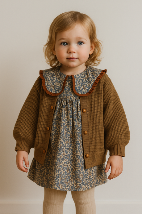 Robe fille bleu foncé avec col brun – Modèle Kali en coton doux - Boutique Kaki Lilas