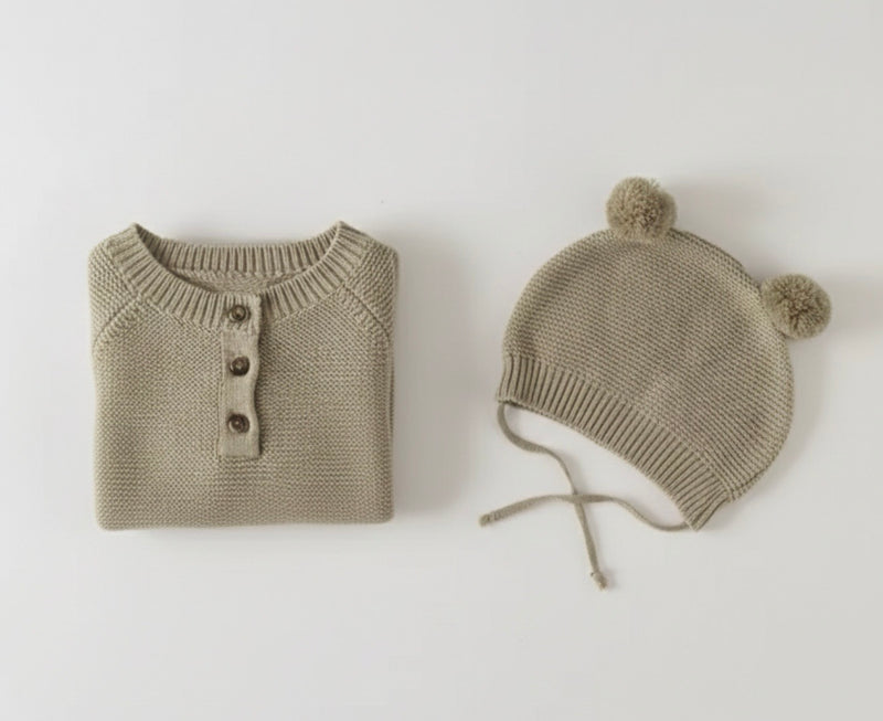 Load image into Gallery viewer, Soft cotton knit baby jumpsuit + hat – Kali
