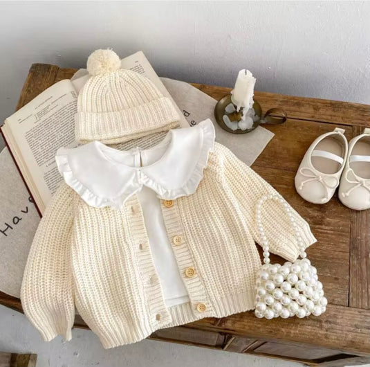 Bonnet bébé ivoire avec pompon en coton doux – Kali - Boutique Kaki Lilas
