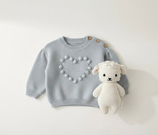 Pull bébé fille en coton doux avec cœur brodé – Kaki Lilas