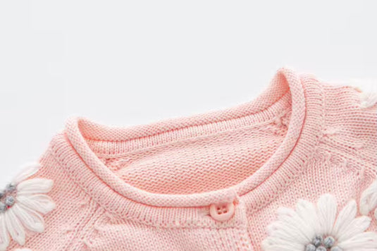 Barboteuse bébé fille en tricot de coton rose brodé motif floral – Kali