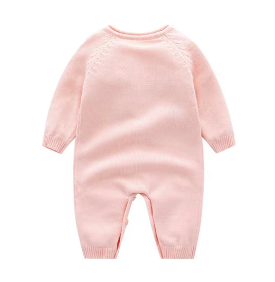 Barboteuse bébé fille en tricot de coton rose brodé motif floral – Kali