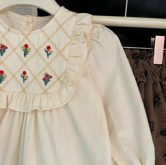 Chemise pour filles manches longues ivoire broderies – Kali - Boutique Kaki Lilas