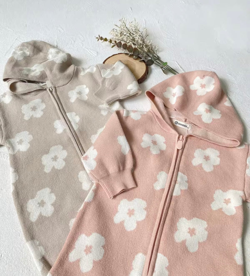 Chargez l&#39;image dans la visionneuse de la galerie, Combinaison bébé capuche fleurs automne-hiver – Kali - Boutique Kaki Lilas
