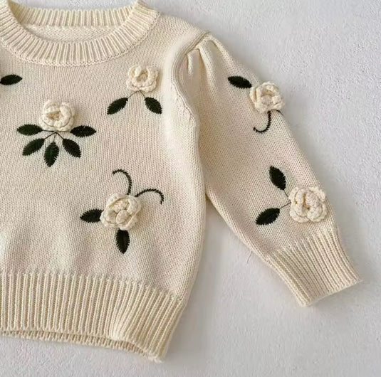 Pull bébé fille en coton avec fleurs brodées à la main – Modèle Kali - Boutique Kaki Lilas