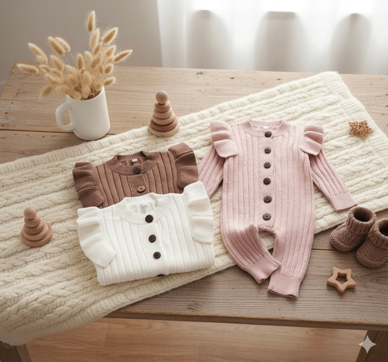 Chargez l'image dans la visionneuse de la galerie, Barboteuse bébé fille en tricot doux – Kaki Lilas
