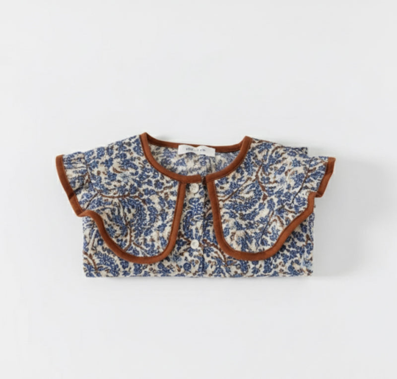 Chargez l&#39;image dans la visionneuse de la galerie, Robe fille bleu foncé avec col brun – Modèle Kali en coton doux - Boutique Kaki Lilas
