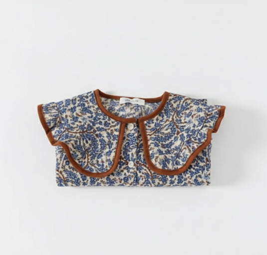 Robe fille bleu foncé avec col brun – Modèle Kali en coton doux - Boutique Kaki Lilas