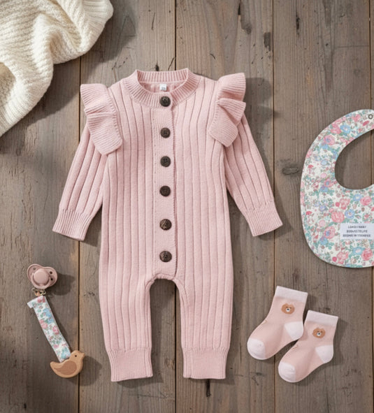 Barboteuse bébé fille en tricot doux – Kaki Lilas