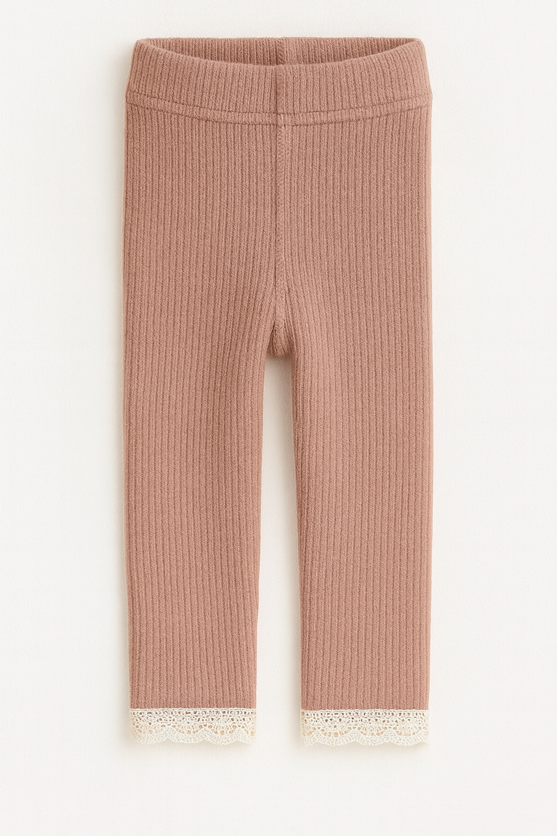 Chargez l&#39;image dans la visionneuse de la galerie, Leggings bébé et enfant en coton doux avec délicate finition dentelle – Kaki Lilas - Boutique Kaki Lilas
