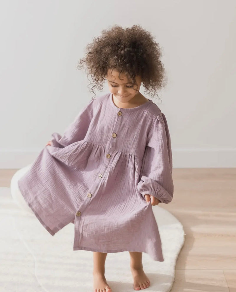 Chargez l'image dans la visionneuse de la galerie, Robe à manches bouffantes Lilas coton bio - Boutique Kaki Lilas
