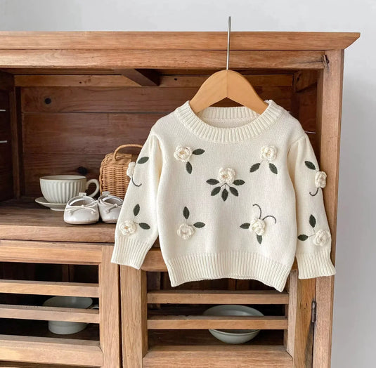 Pull bébé fille en coton avec fleurs brodées à la main – Modèle Kali - Boutique Kaki Lilas