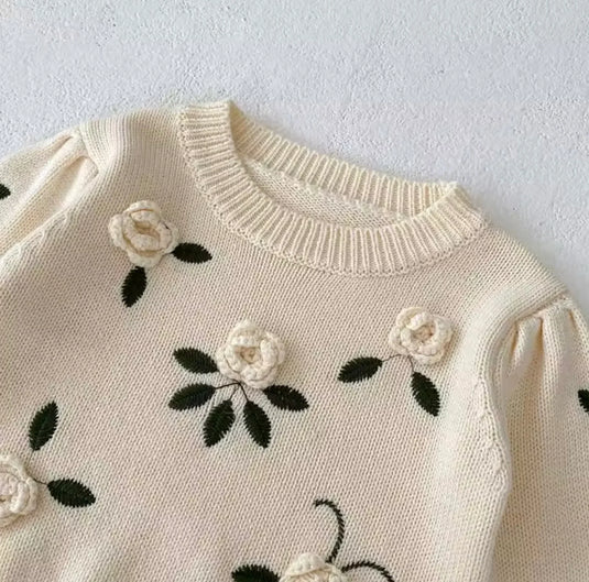 Pull bébé fille en coton avec fleurs brodées à la main – Modèle Kali - Boutique Kaki Lilas