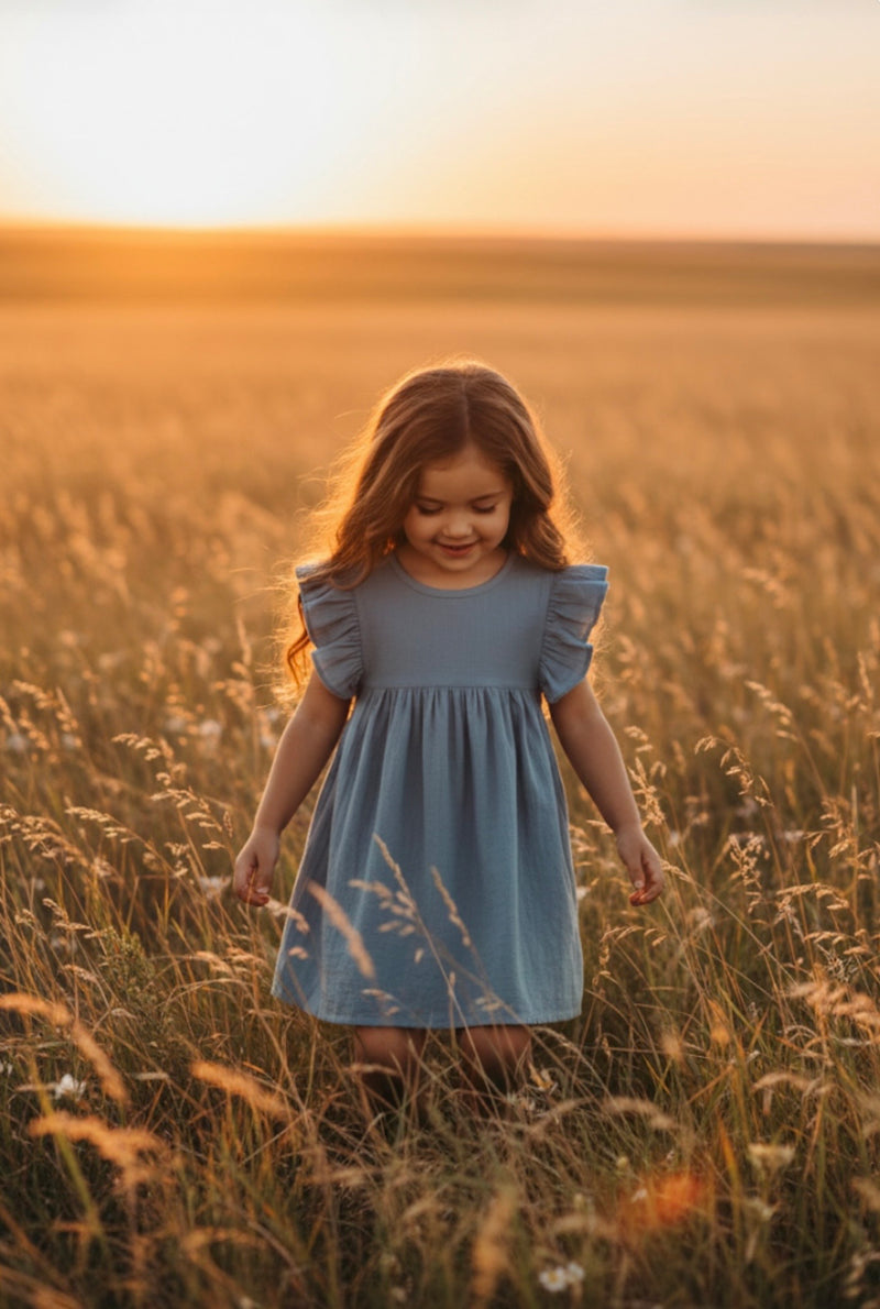 Chargez l'image dans la visionneuse de la galerie, Robe pour filles bleue à manches à volants – Vichy
