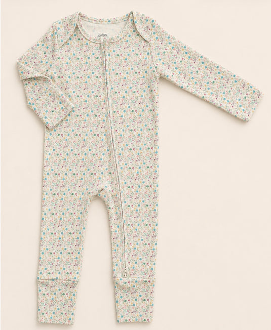 Barboteuse bébé fille coton bio motif petites fleurs – Kaki Lilas