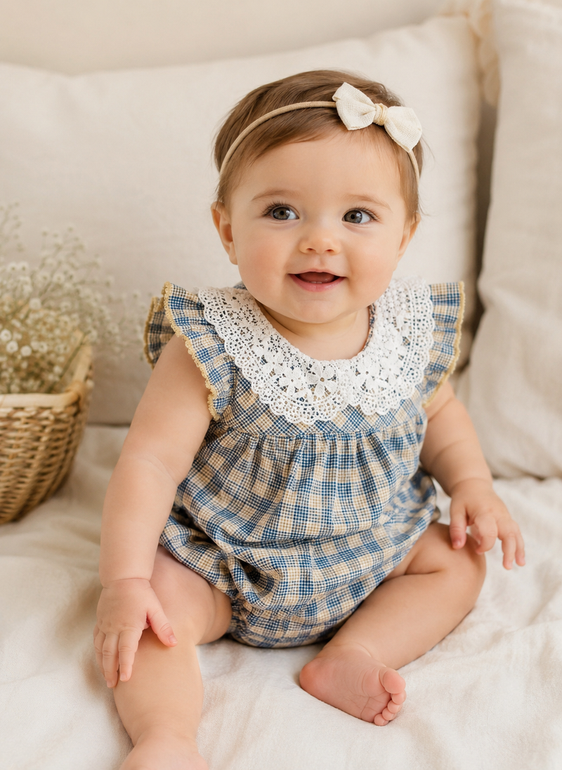 Load image into Gallery viewer, Soft cotton checked baby girl romper
