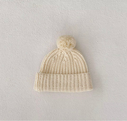 Bonnet bébé ivoire avec pompon en coton doux – Kali - Boutique Kaki Lilas
