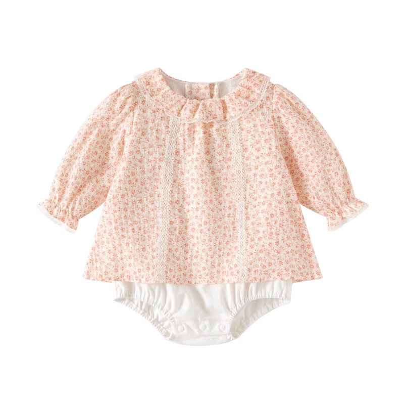 Chargez l'image dans la visionneuse de la galerie, Barboteuse bébé fille fleurie en coton avec dentelle – manches longues
