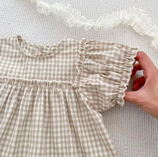 Barboteuse bébé fille à carreaux avec broderie florale – Camille
