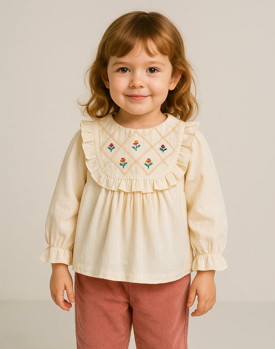 Chemise pour filles manches longues ivoire broderies – Kali - Boutique Kaki Lilas